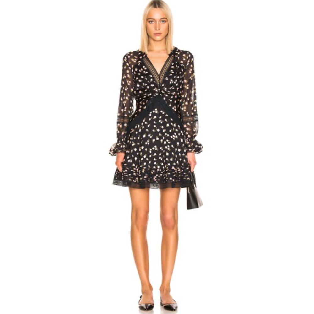 Self Portrait Black Twist Front V Neck Ditsy Floral Mini Swing Skirt Dress 2